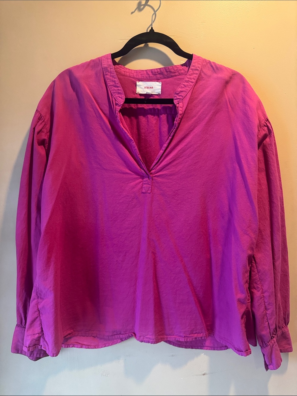 XiRENA Bright Pink Split-Neck Long Sleeve Tunic with “Open” flap back